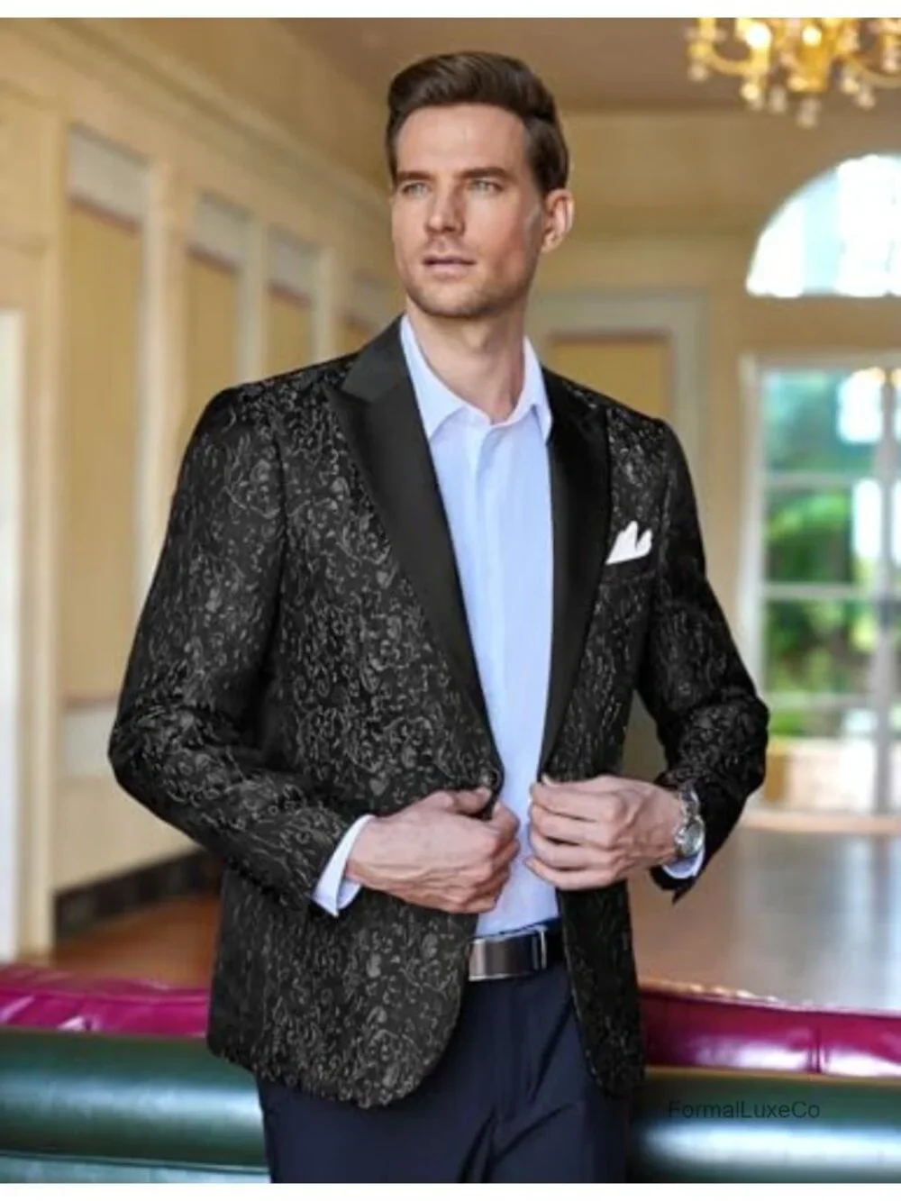 Floral Jacquard Tuxedo Jacket One Button Notch Lapel Slim Fit Prom Blazer